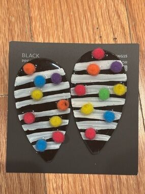HANDMADE Black White Striped Earrings with Multicolor Pom Poms